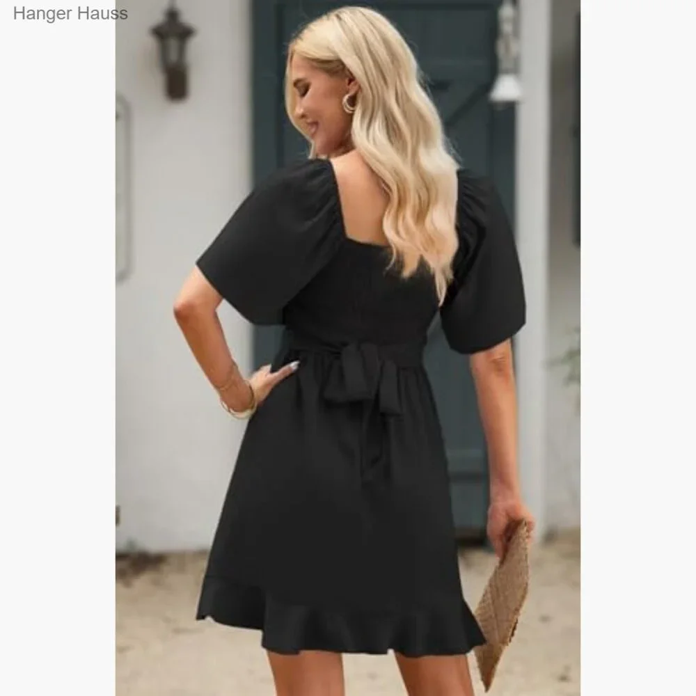Wrap V Neck Flared Sleeve Smocked Waist Tiered Mini Dress Wedding Guest_4